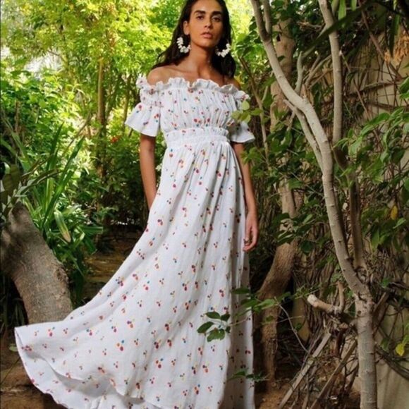 All things mochi nana off the shoulder embroidered linen maxi dress size small S - Picture 1 of 12